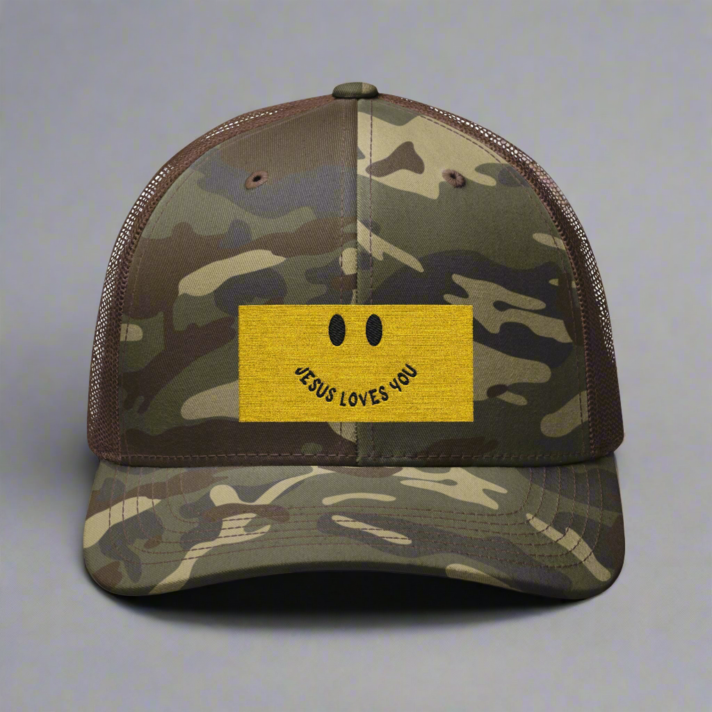 Jesus Loves You camo trucker hat