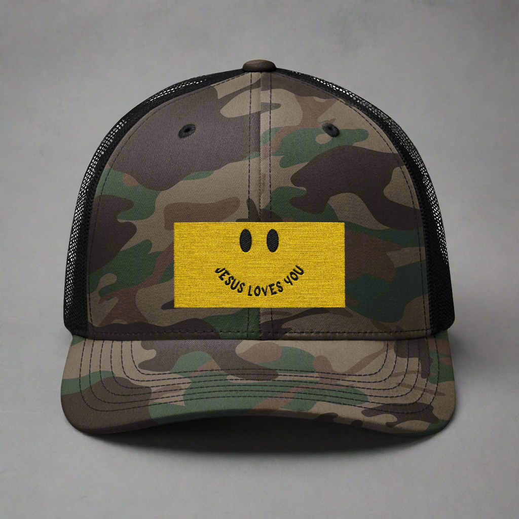 Jesus Loves You camo trucker hat
