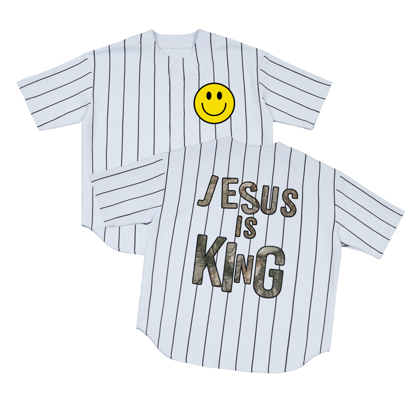 Smiley/ Jesus Is King Pinstripe Baseball Jersey