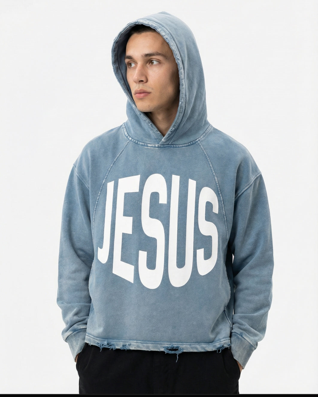JESUS Frayed-Hem Semi-Cropped Hoodie