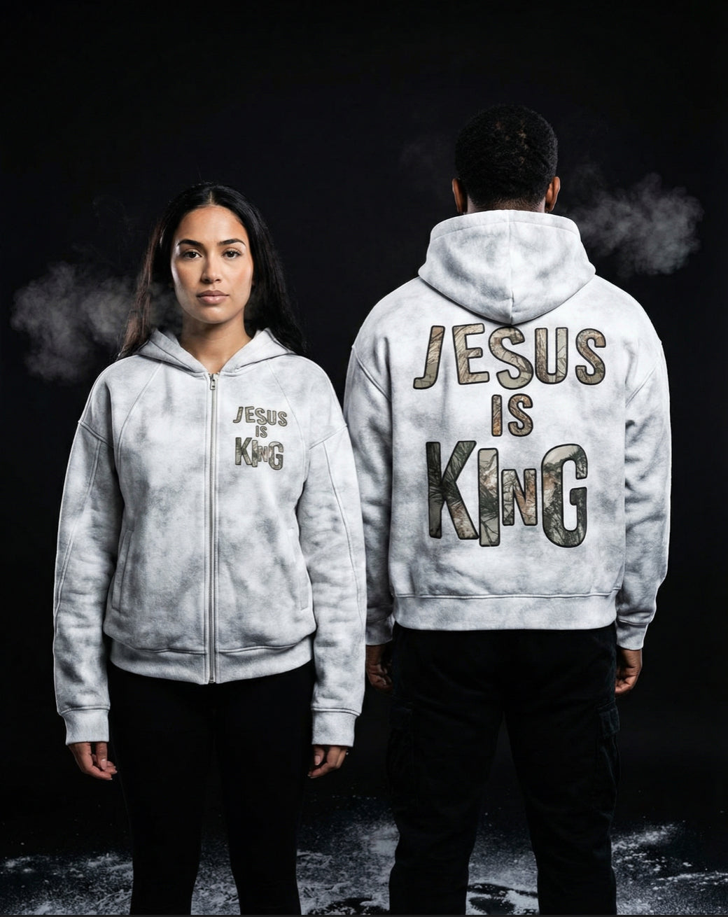 Jesus Is King Snow Camo Zip-Up Fleeced Cropped Hoodie