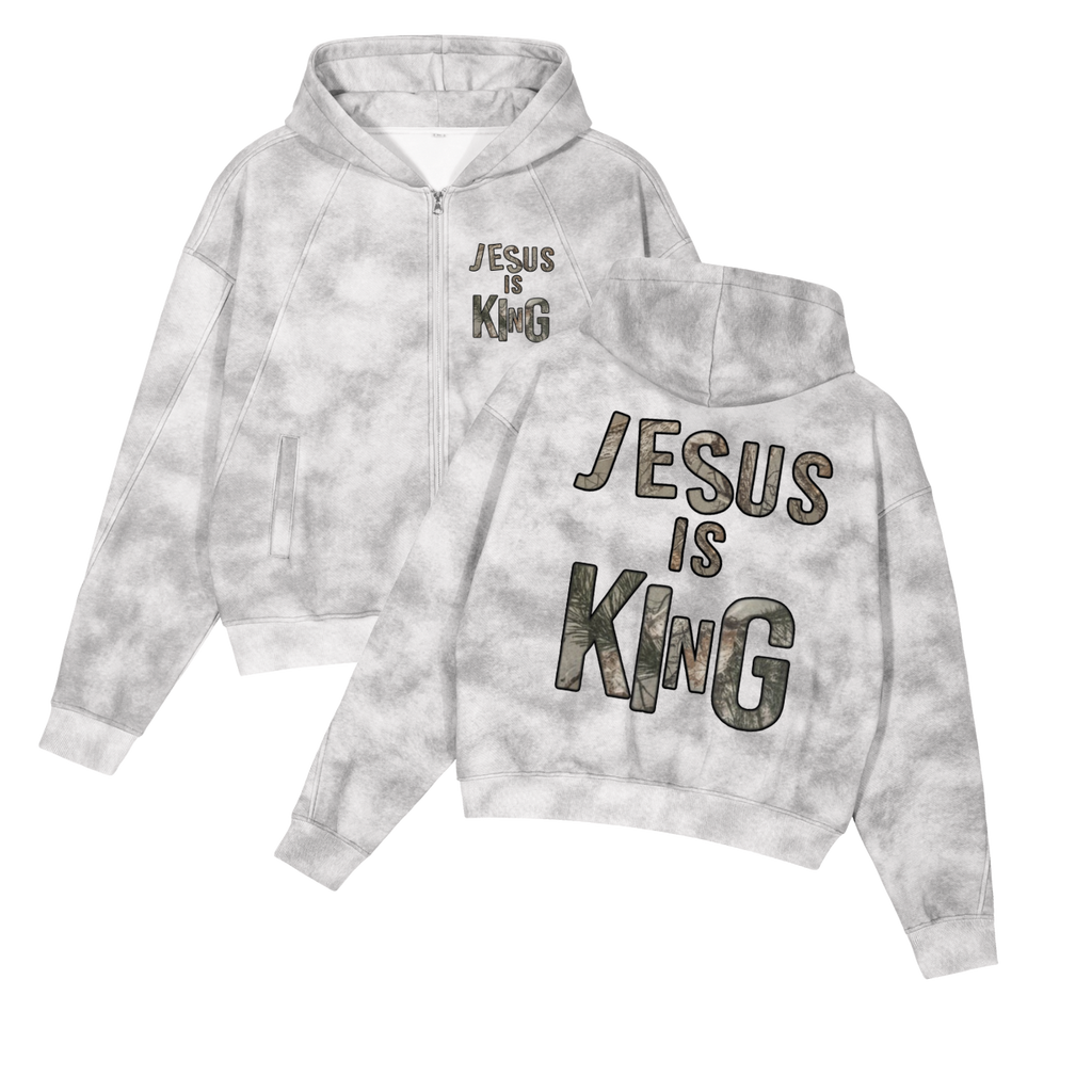 Jesus Is King Snow Camo Zip-Up Fleeced Cropped Hoodie