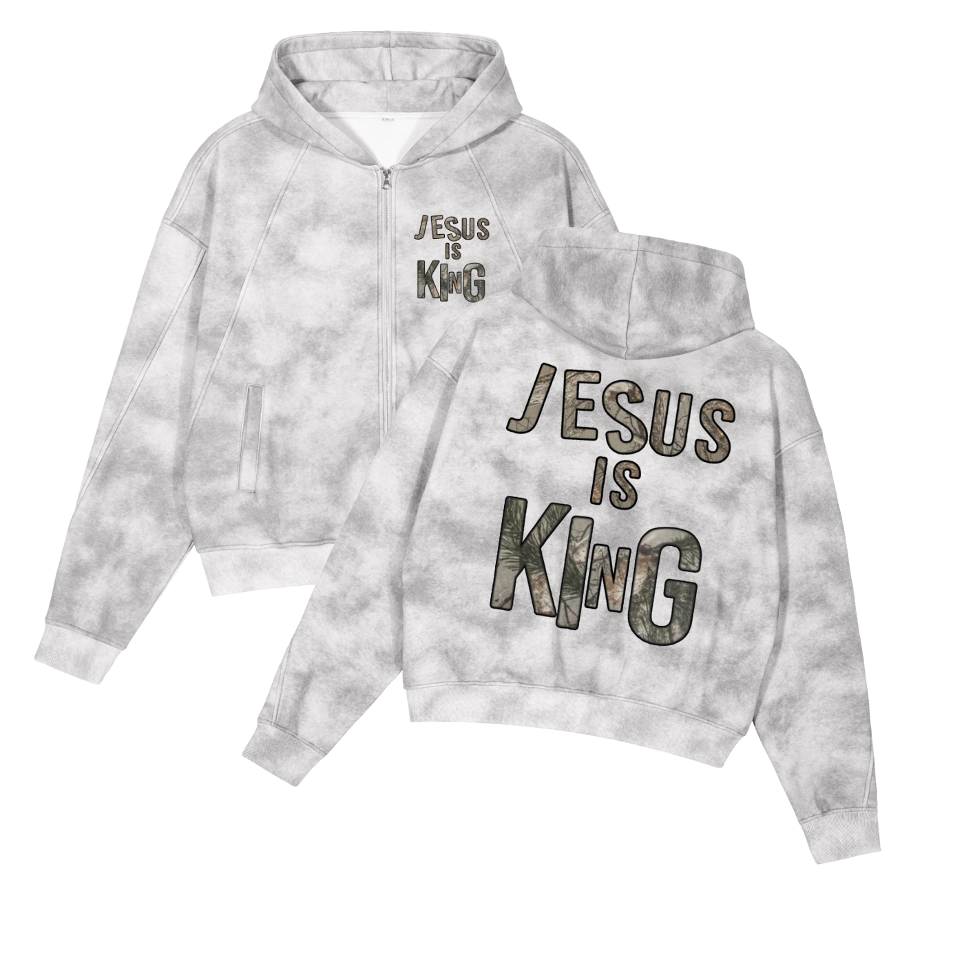 Jesus Is King Snow Camo Zip-Up Fleeced Cropped Hoodie