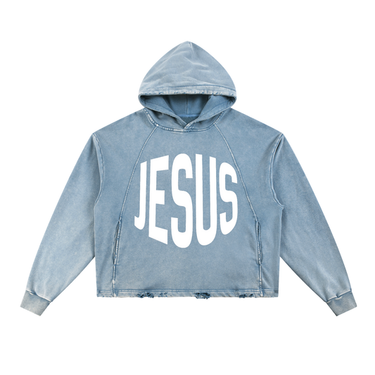 JESUS Frayed-Hem Semi-Cropped Hoodie